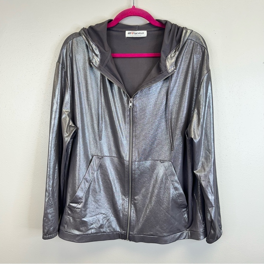 Metallic Gray Hooded Bomber Jacket XL 2X Futuristic Festival Pockets Coachella - Picture 4 of 14